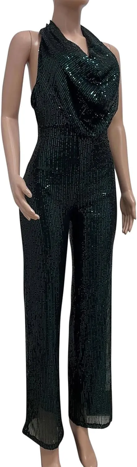 HGps8w Women's Sexy Halter Cowl Neck Sparkly Jumpsuits Clubwear Sleeveless Elegant Sequins Bodycon Wide Leg Pants Rompers
