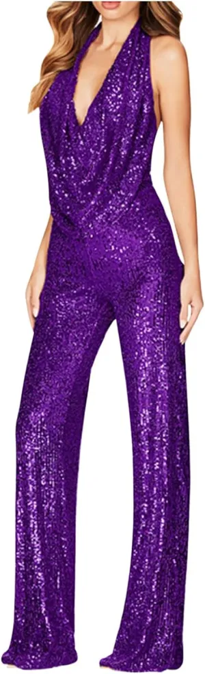 HGps8w Women's Sexy Halter Cowl Neck Sparkly Jumpsuits Clubwear Sleeveless Elegant Sequins Bodycon Wide Leg Pants Rompers