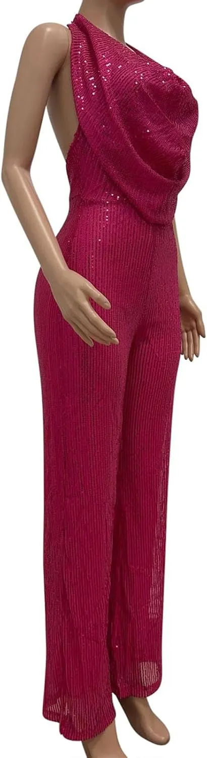 HGps8w Women's Sexy Halter Cowl Neck Sparkly Jumpsuits Clubwear Sleeveless Elegant Sequins Bodycon Wide Leg Pants Rompers