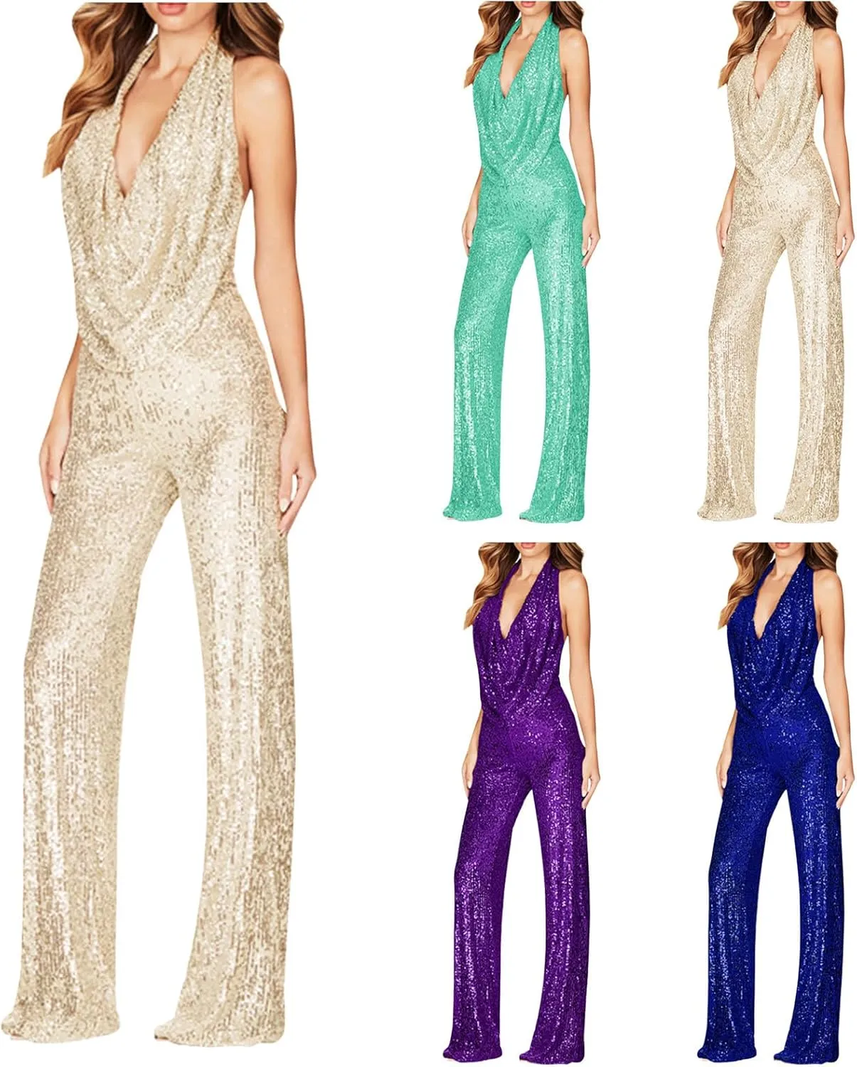 HGps8w Women's Sexy Halter Cowl Neck Sparkly Jumpsuits Clubwear Sleeveless Elegant Sequins Bodycon Wide Leg Pants Rompers