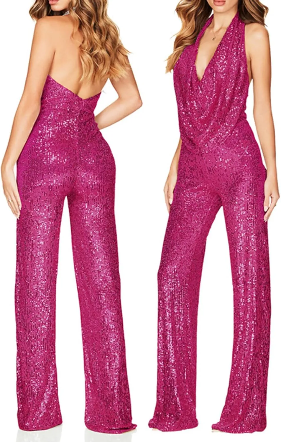 HGps8w Women's Sexy Halter Cowl Neck Sparkly Jumpsuits Clubwear Sleeveless Elegant Sequins Bodycon Wide Leg Pants Rompers
