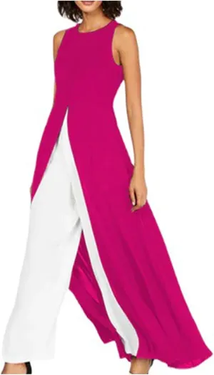 HGps8w Womens Split Front Crepe Overlay Jumpsuit Elegant Sleeveless Flowy Tunic Shirt Dressy 2 Piece Formal Dress Set Rompers