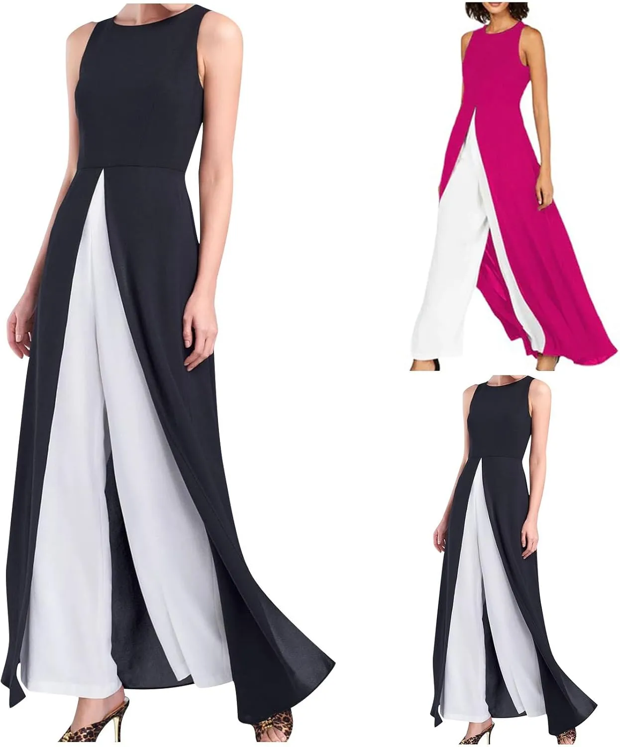 HGps8w Womens Split Front Crepe Overlay Jumpsuit Elegant Sleeveless Flowy Tunic Shirt Dressy 2 Piece Formal Dress Set Rompers