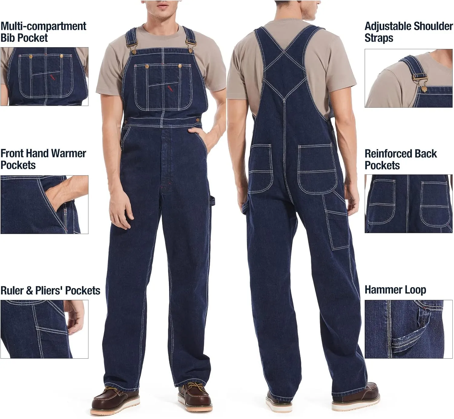 HISEA Men's Denim Bib Overalls, Men's Overalls Workwear with Adjustable Straps and Convenient Tool Pockets