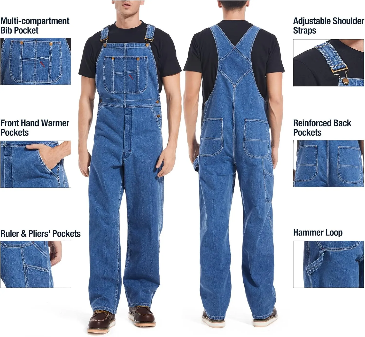 HISEA Men's Denim Bib Overalls, Men's Overalls Workwear with Adjustable Straps and Convenient Tool Pockets