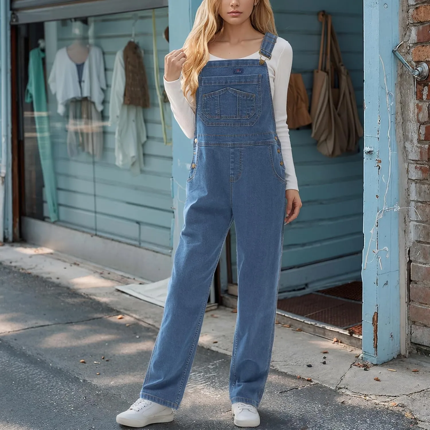 HISEA Women's Stretch Denim Bib Overalls, Women Relaxed Fit Casual Straight Leg Jean Overall with Adjustable Strap and Pocket