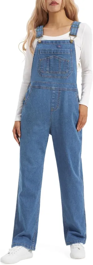 HISEA Women's Stretch Denim Bib Overalls, Women Relaxed Fit Casual Straight Leg Jean Overall with Adjustable Strap and Pocket