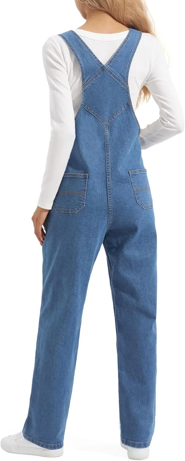 HISEA Women's Stretch Denim Bib Overalls, Women Relaxed Fit Casual Straight Leg Jean Overall with Adjustable Strap and Pocket