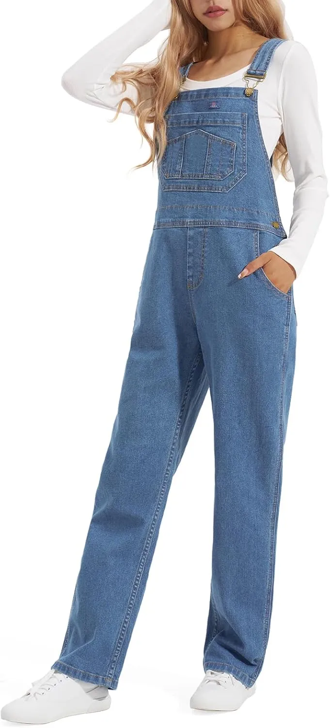 HISEA Women's Stretch Denim Bib Overalls, Women Relaxed Fit Casual Straight Leg Jean Overall with Adjustable Strap and Pocket