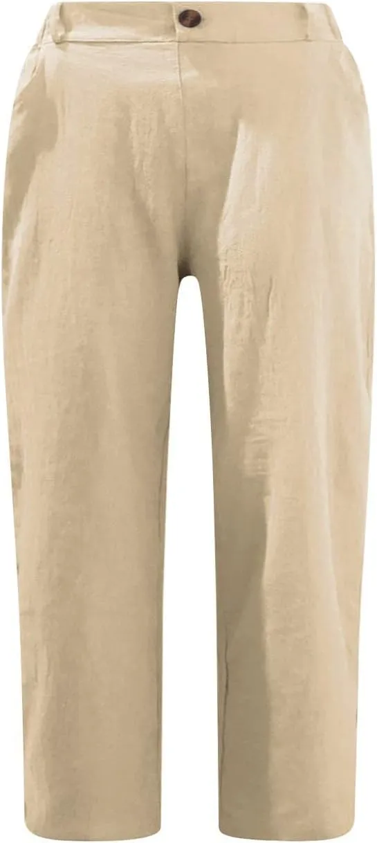 hlysgo Women's Casual Capri Pants High Waisted Cotton Linen Pants Summer Loose Comfy Beach Cropped Trouser with Pockets