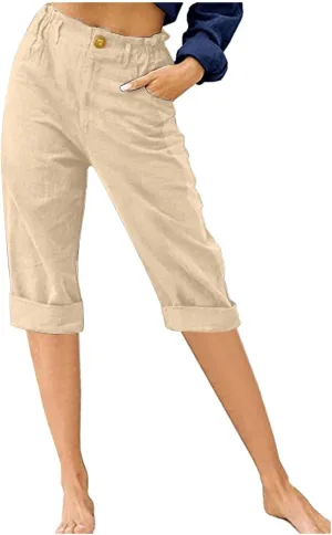 hlysgo Women's Casual Capri Pants High Waisted Cotton Linen Pants Summer Loose Comfy Beach Cropped Trouser with Pockets