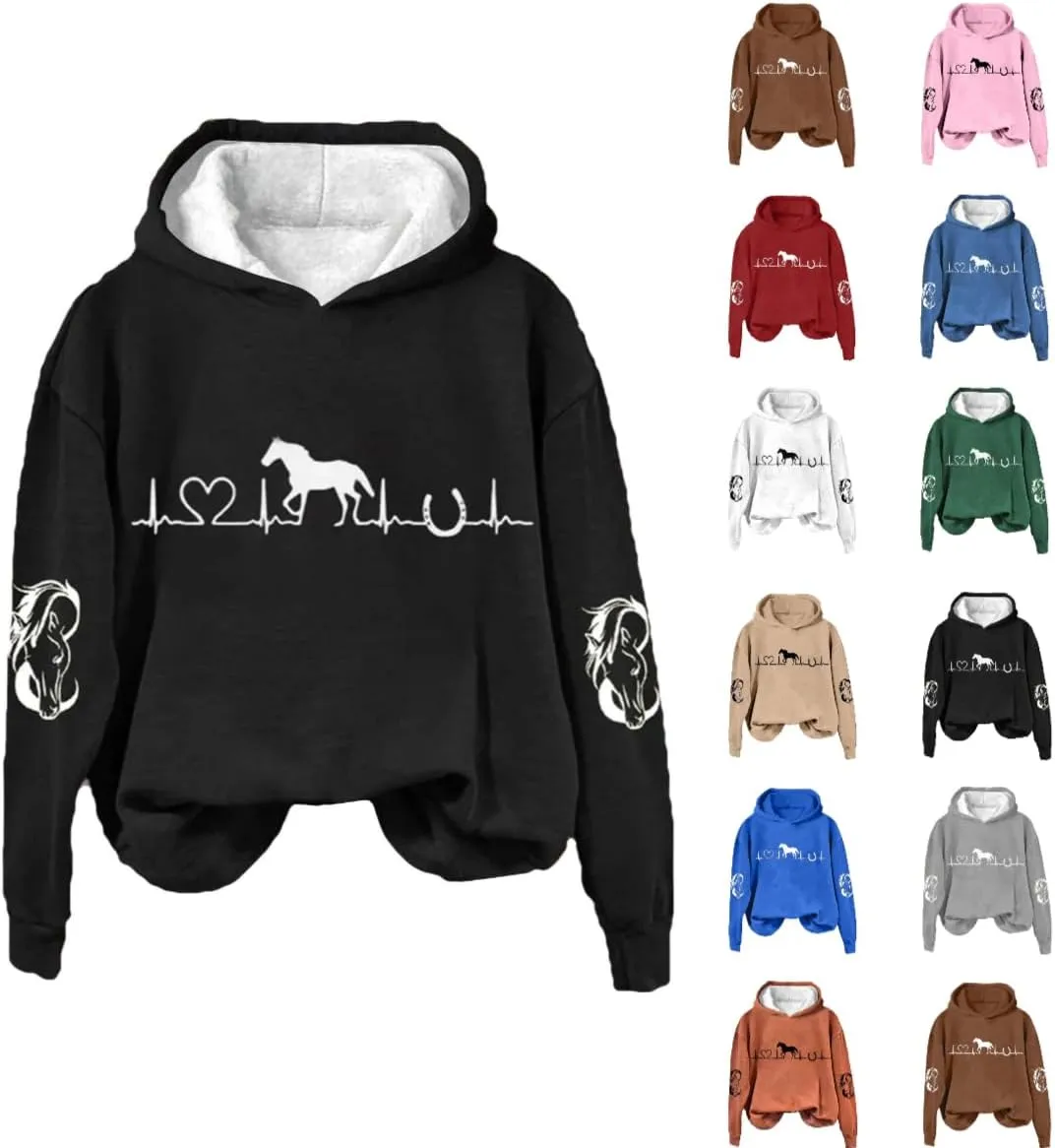 Hoodies for Women Trendy Graphic Horse Heart Print Long Sleeve Sports Sweatshirt Causal Plus Size Horse Lover Outfits