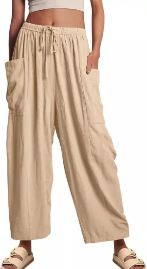 HOTIAN Women Wide Leg Pants Summer Casual Beach Loose Fit Drawstring Palazzo Harem Pant with Pockets
