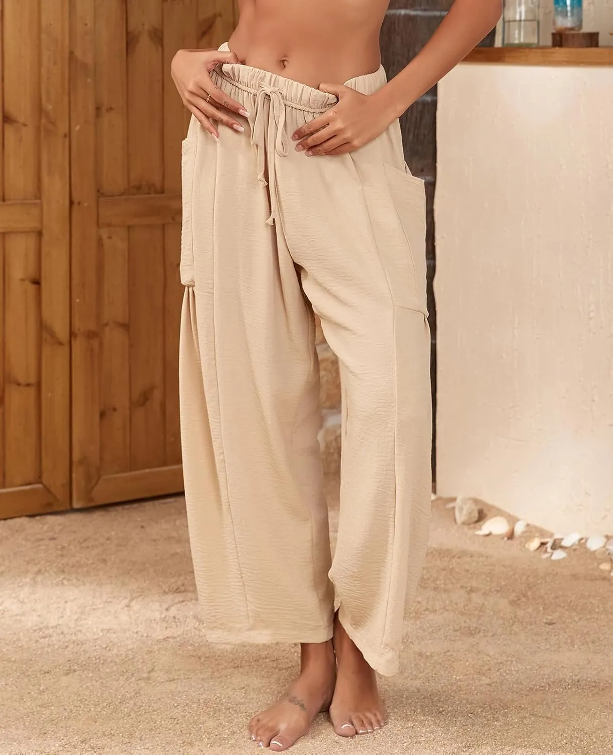 HOTIAN Women Wide Leg Pants Summer Casual Beach Loose Fit Drawstring Palazzo Harem Pant with Pockets