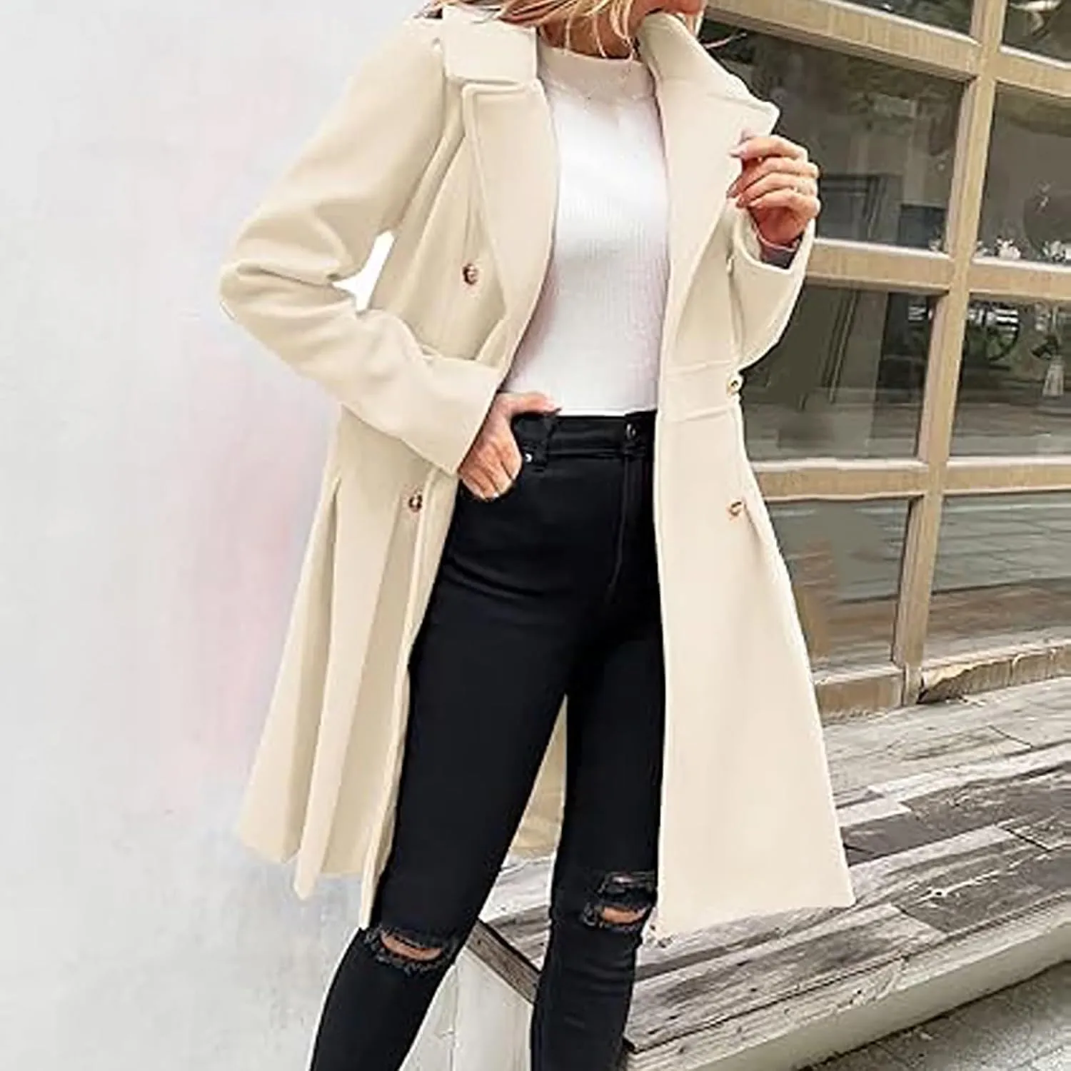 HXHYQKP Winter Coats for Women Breasted Trenchcoats Double Breasted Long Wool Pea Coat Notch Lapel Trench Coat