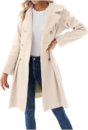 HXHYQKP Winter Coats for Women Breasted Trenchcoats Double Breasted Long Wool Pea Coat Notch Lapel Trench Coat
