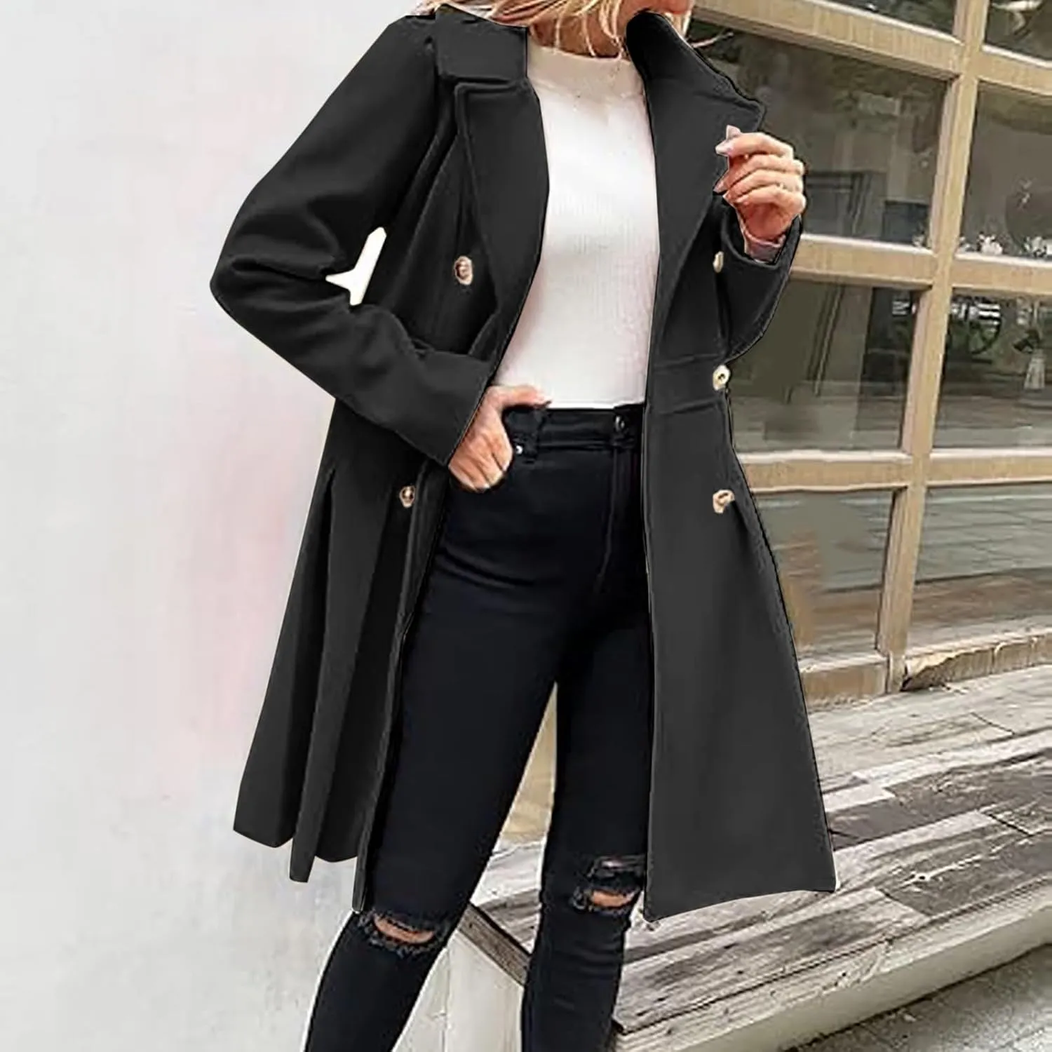 HXHYQKP Winter Coats for Women Breasted Trenchcoats Double Breasted Long Wool Pea Coat Notch Lapel Trench Coat