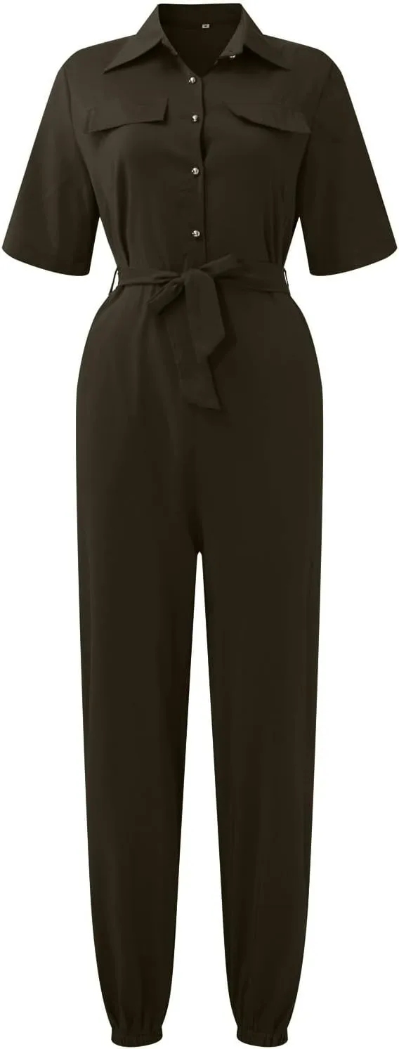 HXHYQKP Women's Short Sleeve Collared Cropped Coverall Button Down Tie Waist Cargo Jumpsuit
