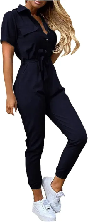 HXHYQKP Women's Short Sleeve Collared Cropped Coverall Button Down Tie Waist Cargo Jumpsuit