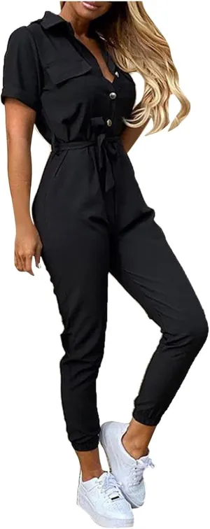 HXHYQKP Women's Short Sleeve Collared Cropped Coverall Button Down Tie Waist Cargo Jumpsuit