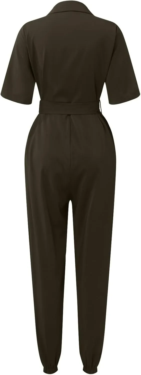 HXHYQKP Women's Short Sleeve Collared Cropped Coverall Button Down Tie Waist Cargo Jumpsuit