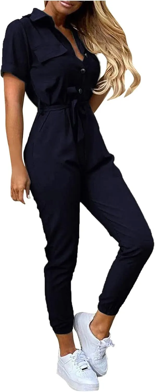 HXHYQKP Women's Short Sleeve Collared Cropped Coverall Button Down Tie Waist Cargo Jumpsuit