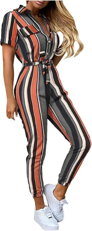 HXHYQKP Women's Short Sleeve Collared Cropped Coverall Button Down Tie Waist Cargo Jumpsuit