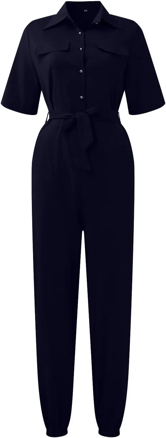 HXHYQKP Women's Short Sleeve Collared Cropped Coverall Button Down Tie Waist Cargo Jumpsuit