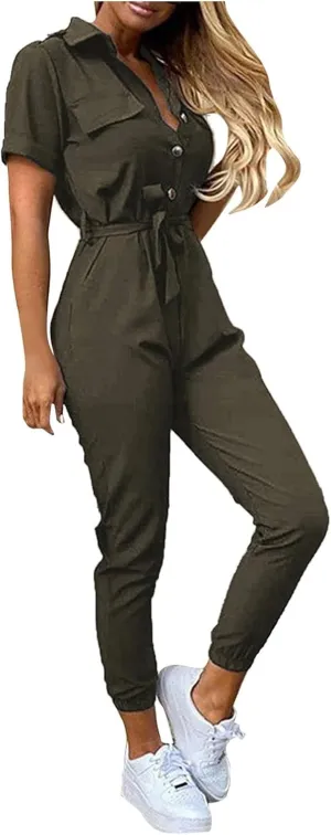 HXHYQKP Women's Short Sleeve Collared Cropped Coverall Button Down Tie Waist Cargo Jumpsuit