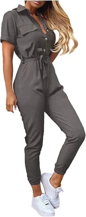 HXHYQKP Women's Short Sleeve Collared Cropped Coverall Button Down Tie Waist Cargo Jumpsuit