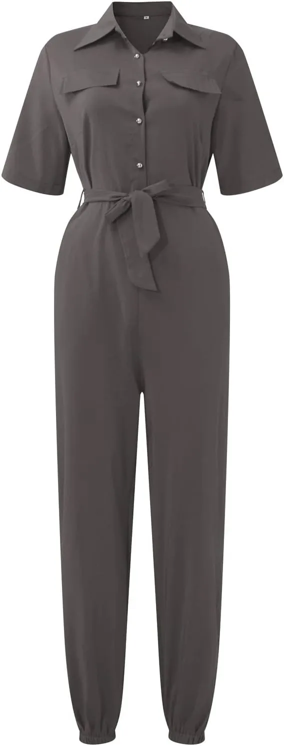 HXHYQKP Women's Short Sleeve Collared Cropped Coverall Button Down Tie Waist Cargo Jumpsuit