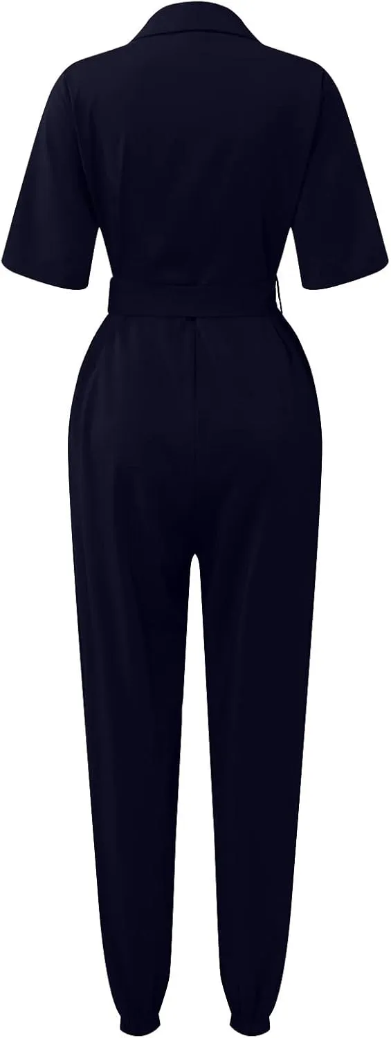 HXHYQKP Women's Short Sleeve Collared Cropped Coverall Button Down Tie Waist Cargo Jumpsuit