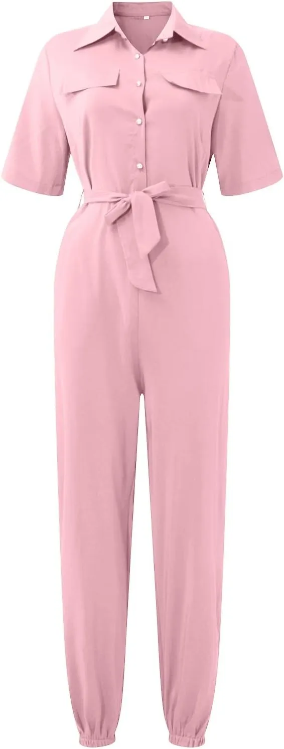 HXHYQKP Women's Short Sleeve Collared Cropped Coverall Button Down Tie Waist Cargo Jumpsuit