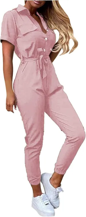 HXHYQKP Women's Short Sleeve Collared Cropped Coverall Button Down Tie Waist Cargo Jumpsuit