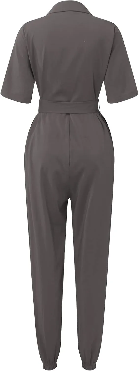 HXHYQKP Women's Short Sleeve Collared Cropped Coverall Button Down Tie Waist Cargo Jumpsuit