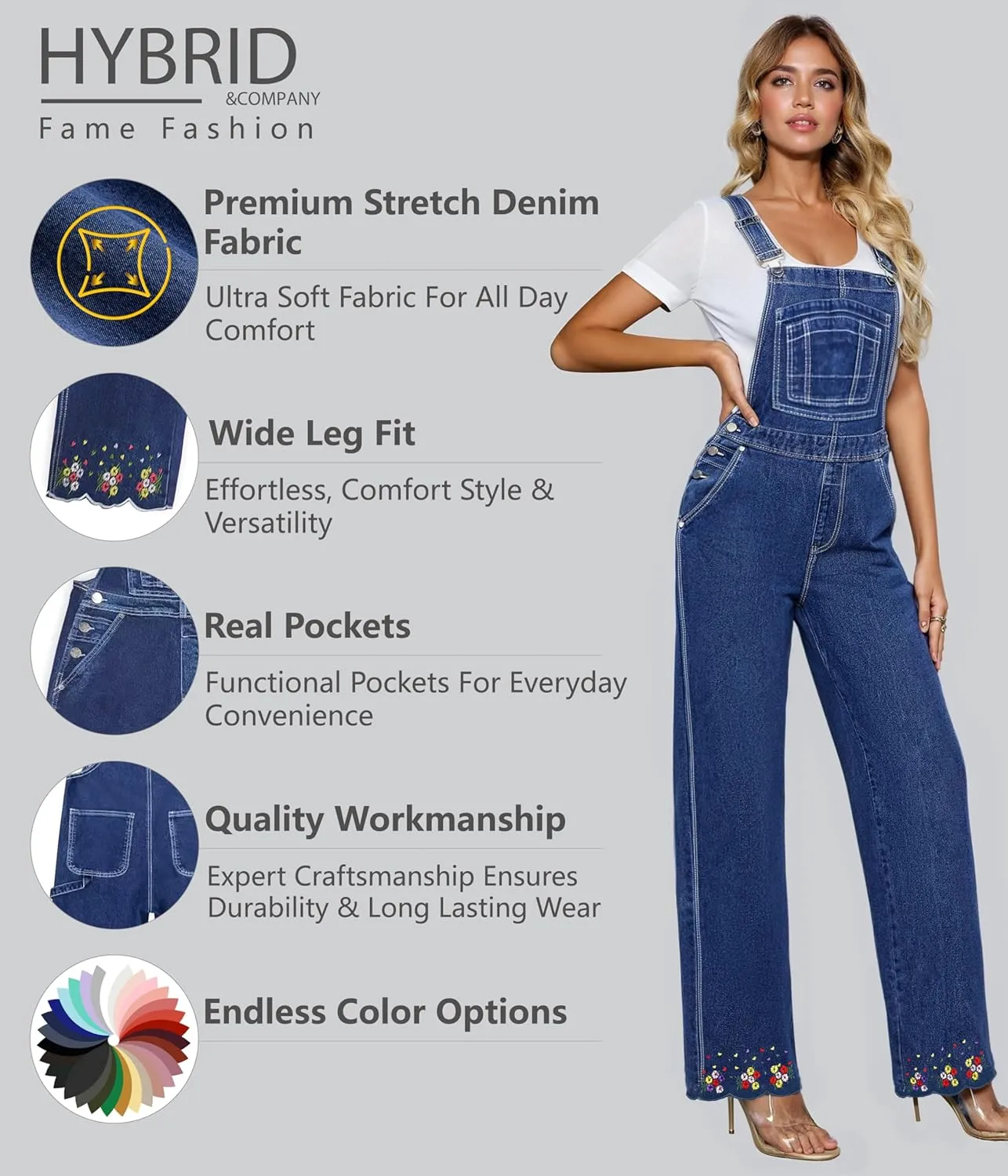Hybrid & Company Womens Super Comfy Stretch Denim jumpsuit Pants Overalls