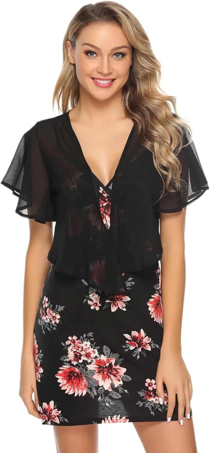 iClosam Women Tie Front Chiffon Shrug Short Sleeve Cropped Sheer Bolero Shrug Cardigan
