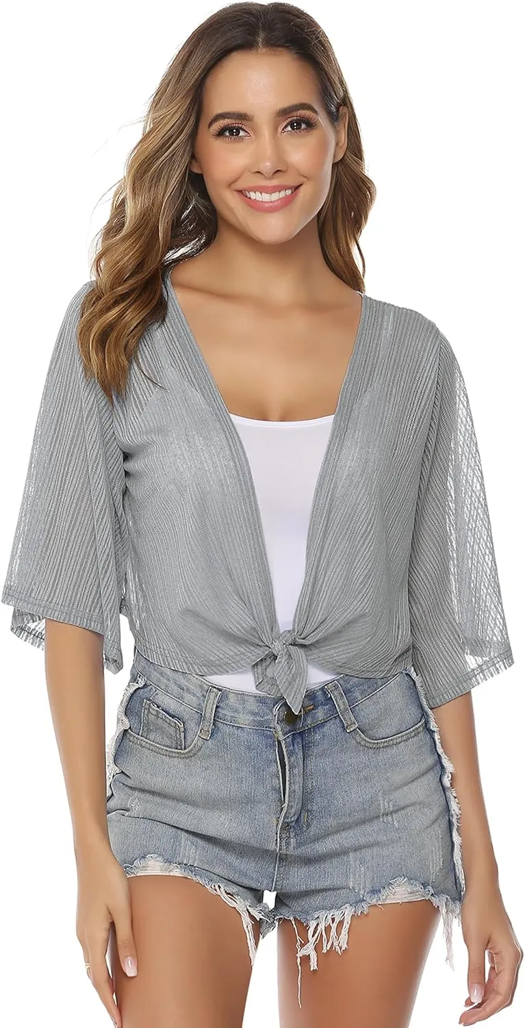 iClosam Women Tie Front Chiffon Shrug Short Sleeve Cropped Sheer Bolero Shrug Cardigan