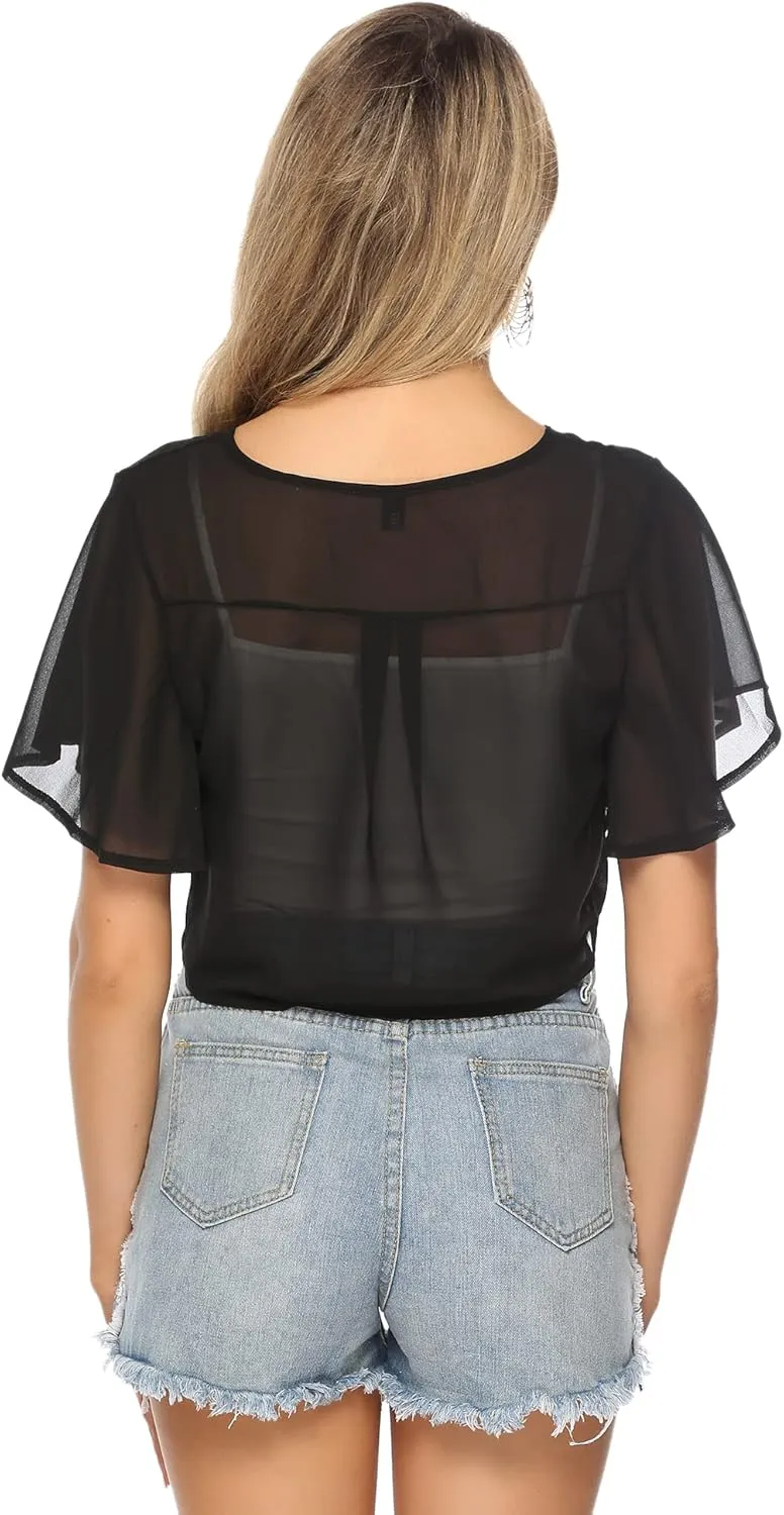 iClosam Women Tie Front Chiffon Shrug Short Sleeve Cropped Sheer Bolero Shrug Cardigan