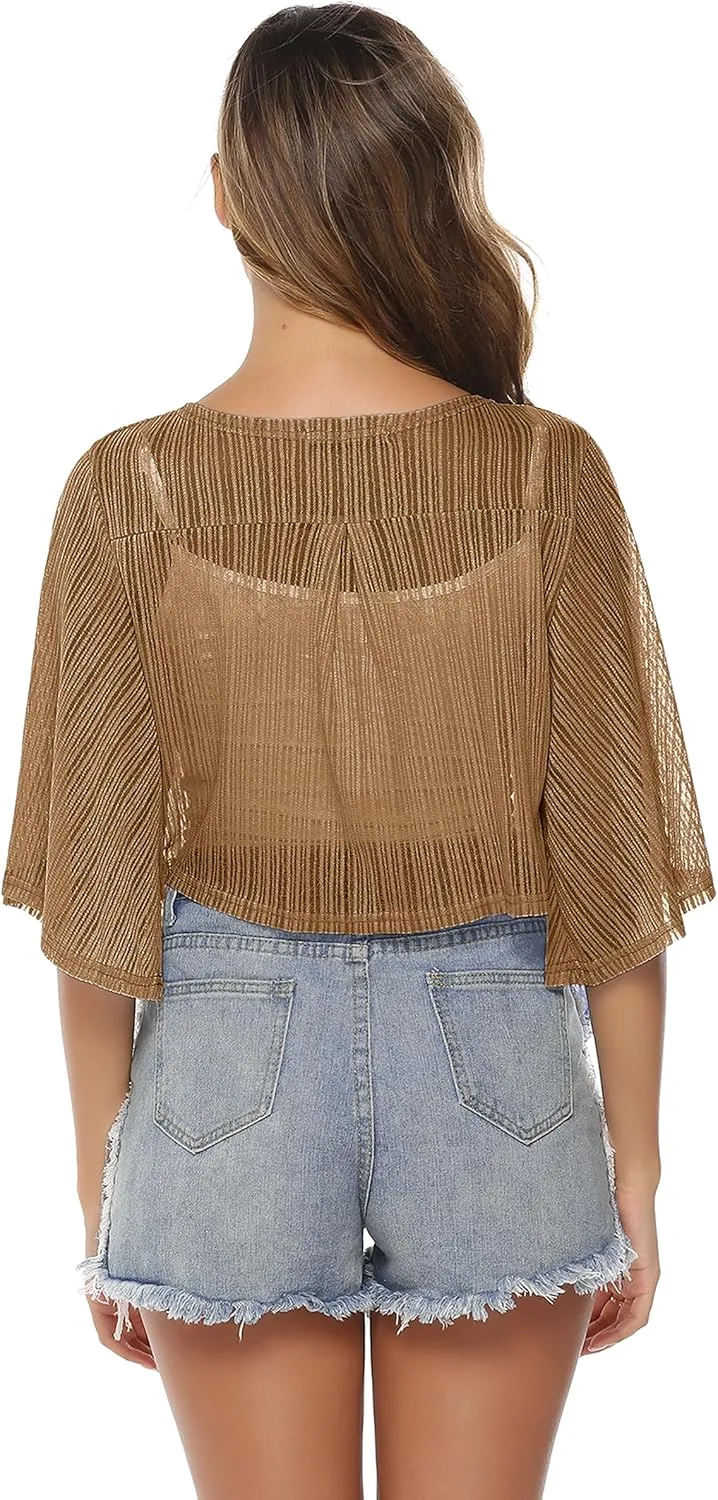 iClosam Women Tie Front Chiffon Shrug Short Sleeve Cropped Sheer Bolero Shrug Cardigan