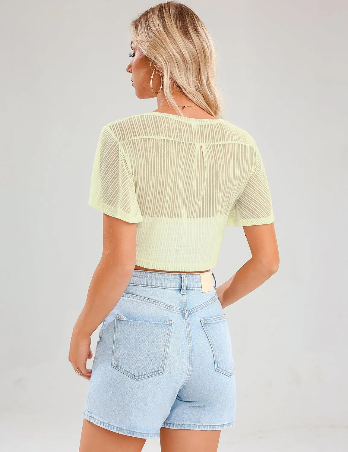 iClosam Women Tie Front Chiffon Shrug Short Sleeve Cropped Sheer Bolero Shrug Cardigan
