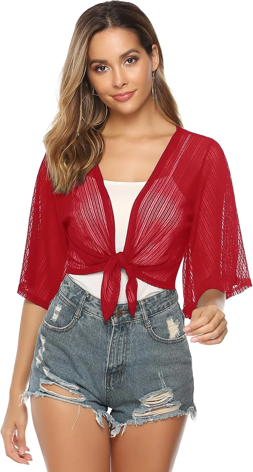 iClosam Women Tie Front Chiffon Shrug Short Sleeve Cropped Sheer Bolero Shrug Cardigan