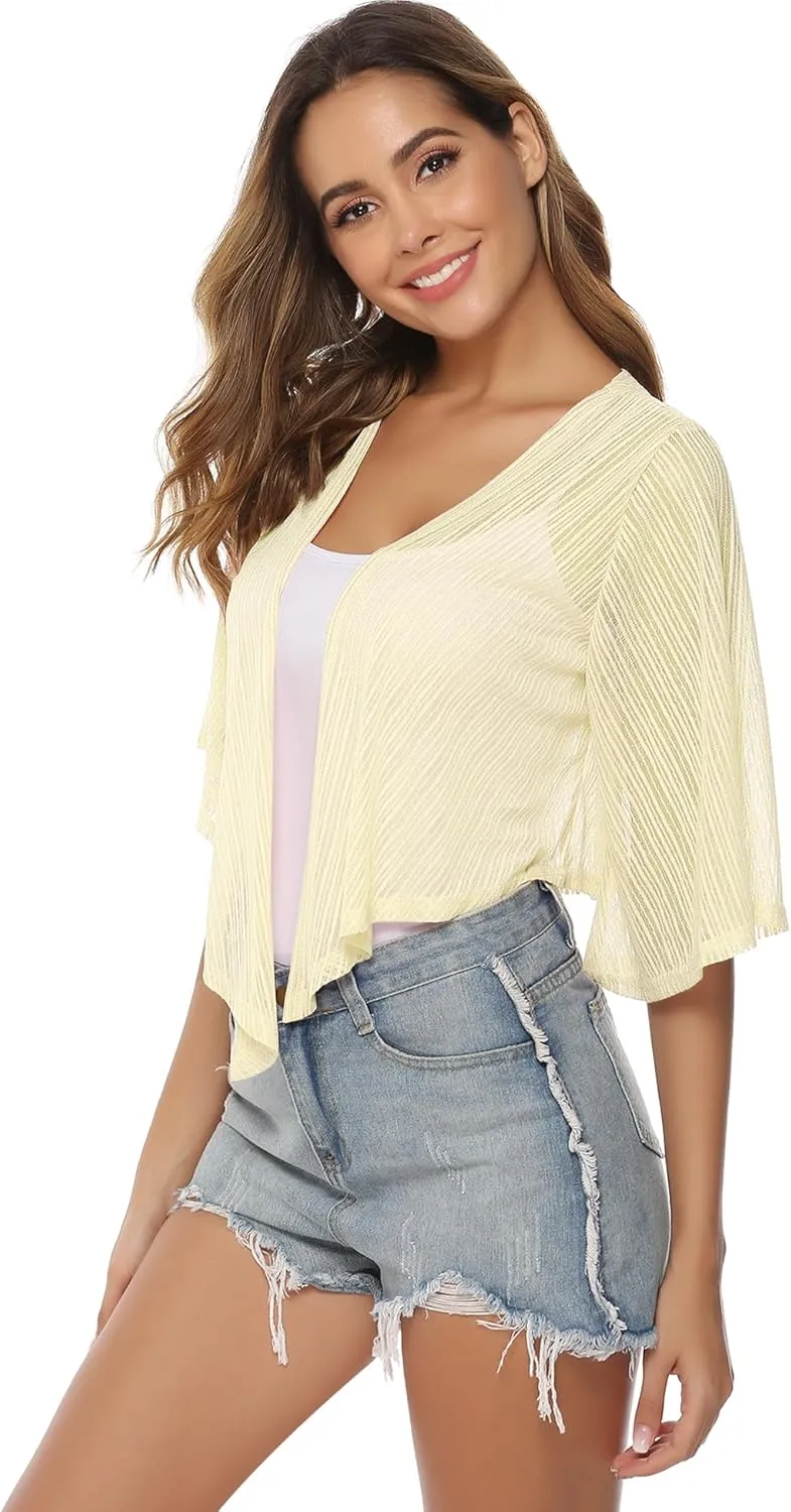 iClosam Women Tie Front Chiffon Shrug Short Sleeve Cropped Sheer Bolero Shrug Cardigan