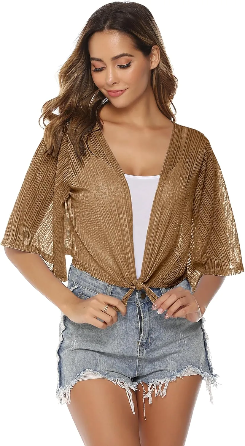 iClosam Women Tie Front Chiffon Shrug Short Sleeve Cropped Sheer Bolero Shrug Cardigan