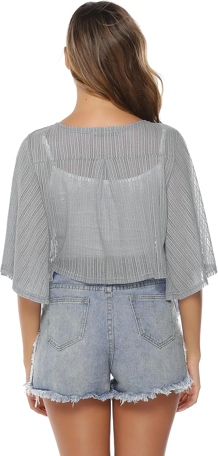 iClosam Women Tie Front Chiffon Shrug Short Sleeve Cropped Sheer Bolero Shrug Cardigan
