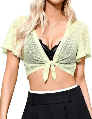iClosam Women Tie Front Chiffon Shrug Short Sleeve Cropped Sheer Bolero Shrug Cardigan