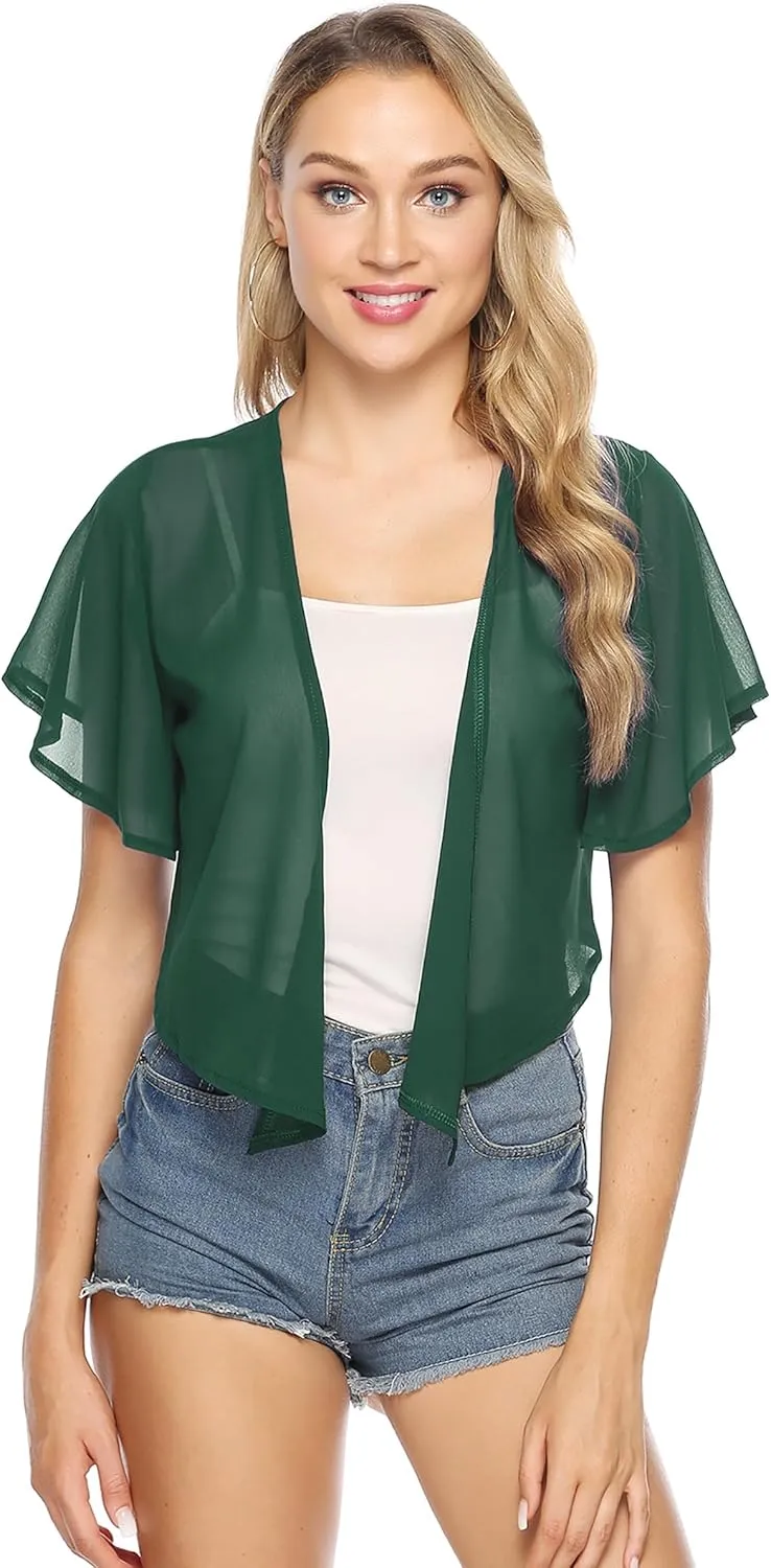 iClosam Women Tie Front Chiffon Shrug Short Sleeve Cropped Sheer Bolero Shrug Cardigan