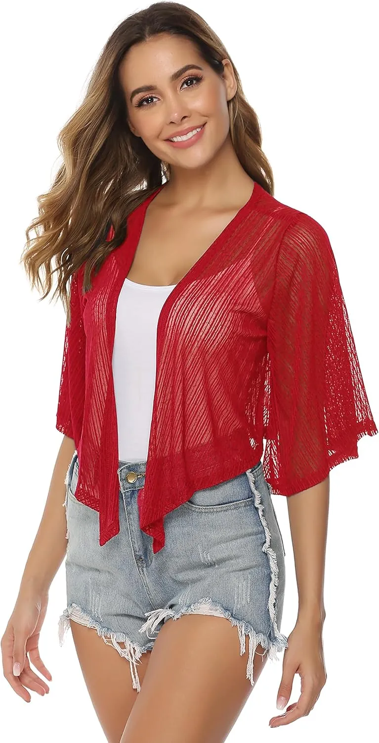 iClosam Women Tie Front Chiffon Shrug Short Sleeve Cropped Sheer Bolero Shrug Cardigan