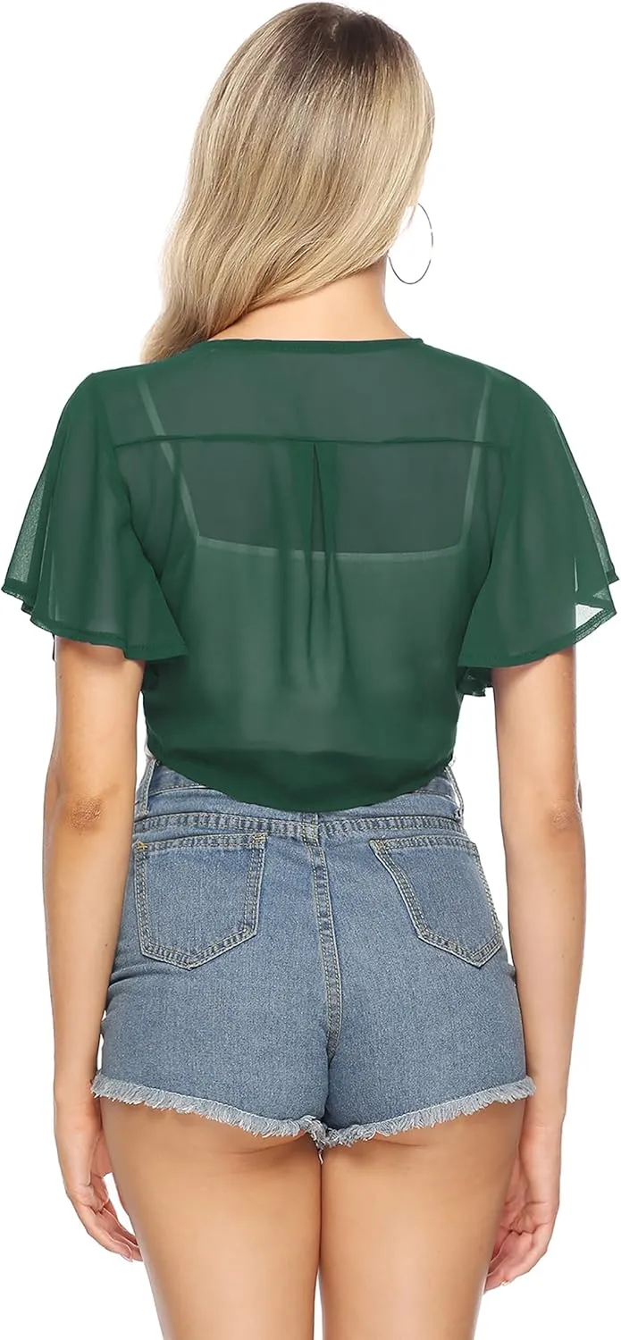 iClosam Women Tie Front Chiffon Shrug Short Sleeve Cropped Sheer Bolero Shrug Cardigan