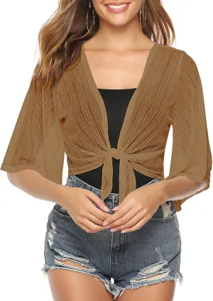 iClosam Women Tie Front Chiffon Shrug Short Sleeve Cropped Sheer Bolero Shrug Cardigan